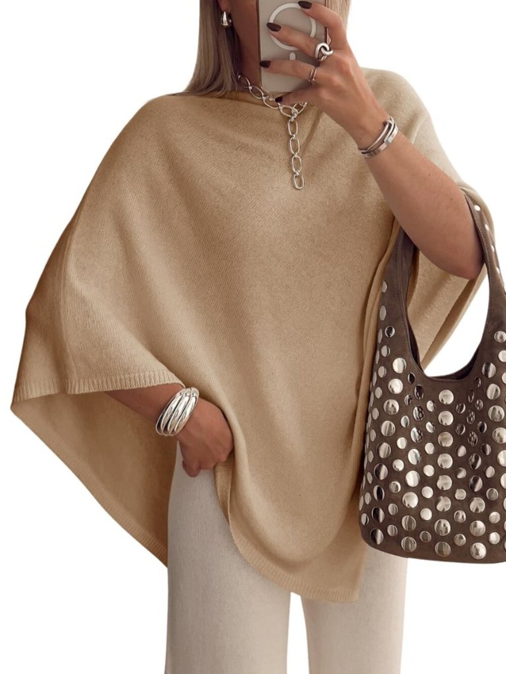Womens Poncho Sweater Boat Neck Batwing Sleeve Fall Trendy Casual Knit Pullover